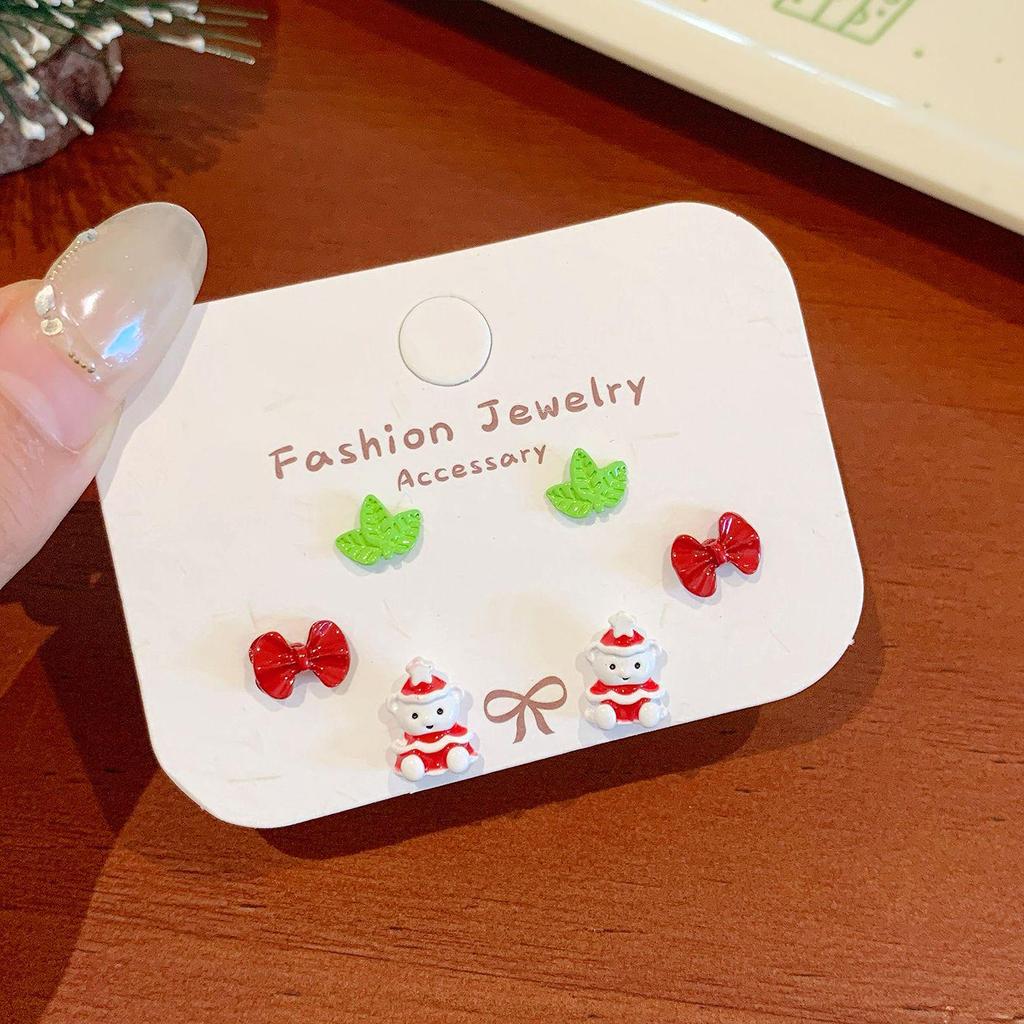 Santa Claus & Reindeer Holiday Stud Earrings - Fun Red Apple, Bell, and Cartoon Designs for Autumn/Winter. Silver Needle, Women's Festive Jewelry Set.