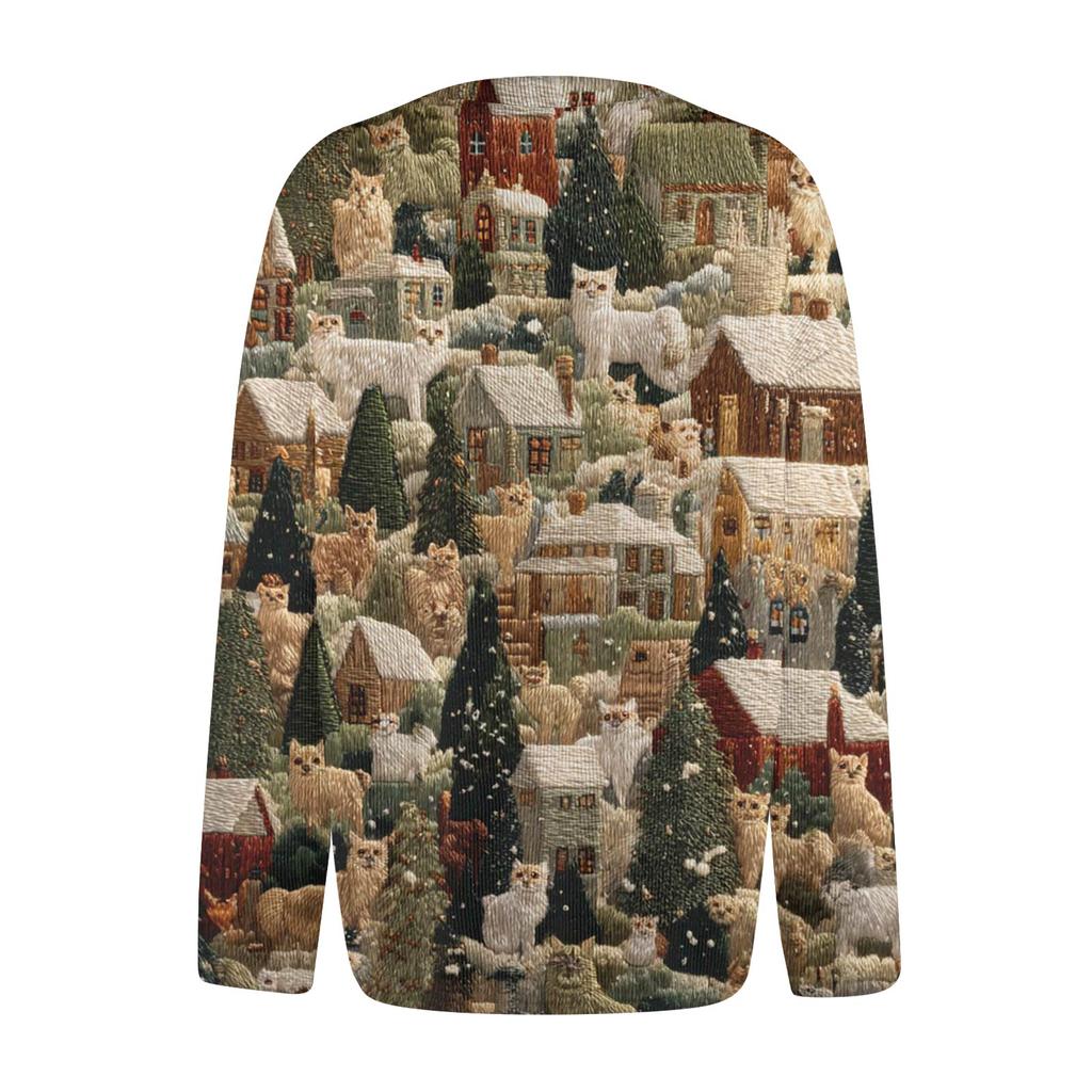 Women's Fashion Printed Long Sleeve Knitted Cardigan Button Down Jacket