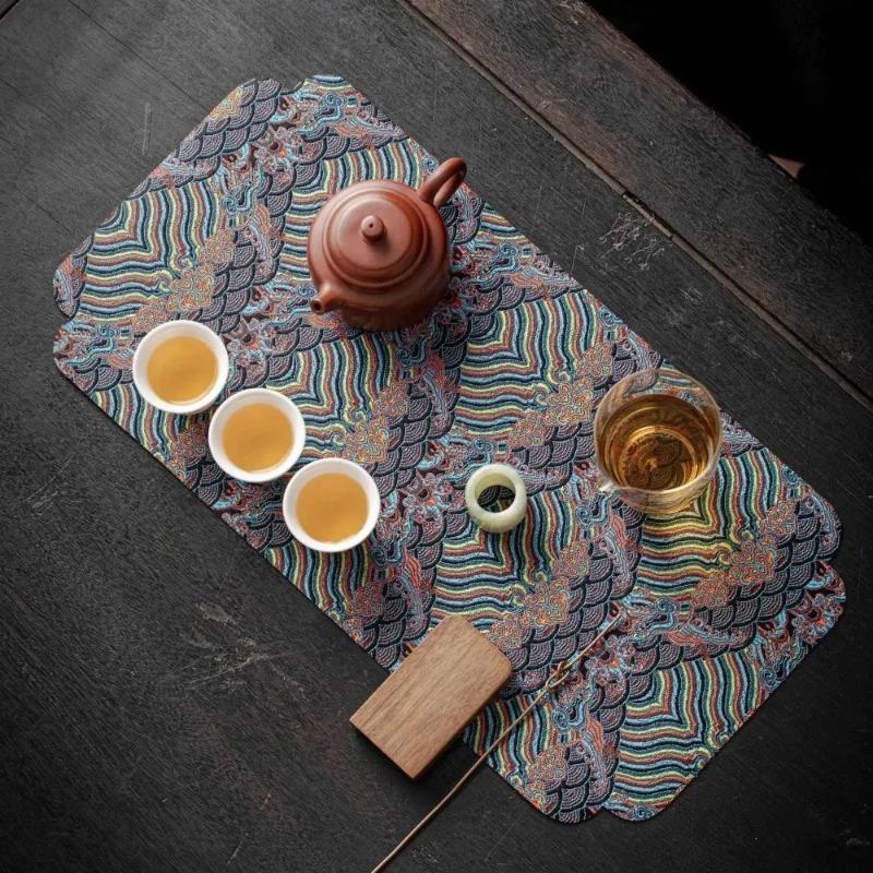 Double-Sided Brocade Tea Mat: Chinese Zen Style, Non-Slip Dry Brewing Pad for Tea Ceremony | Vintage Table Decor Mats & Pad