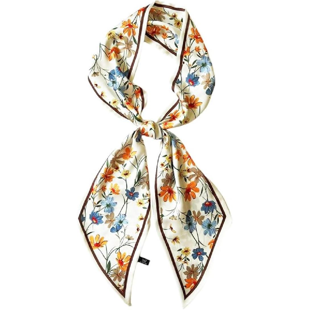Silk Head Scarf for Hair Fashion Headwrap for Women Lightweight Neck Tie X001-yellow & Blue Flower