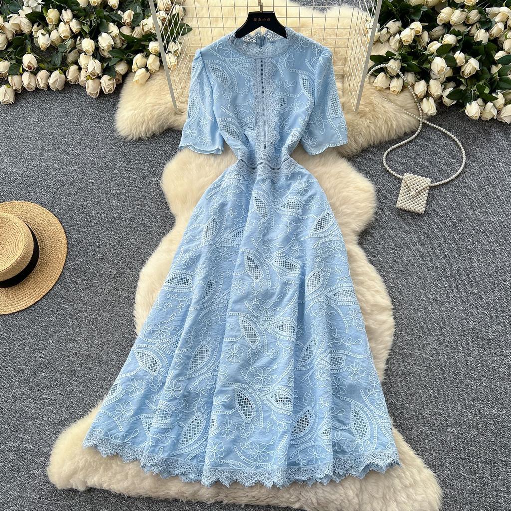 French high-end retro heavy industry embroidery waist short-sleeved dress women's summer thin temperament elegant long dress