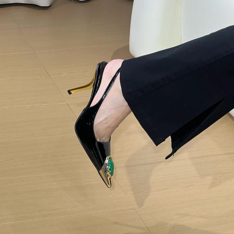 

European and American retro pointed gem high heels women s 2025 autumn catwalk new metal patent leather rear thin heel sandals 35