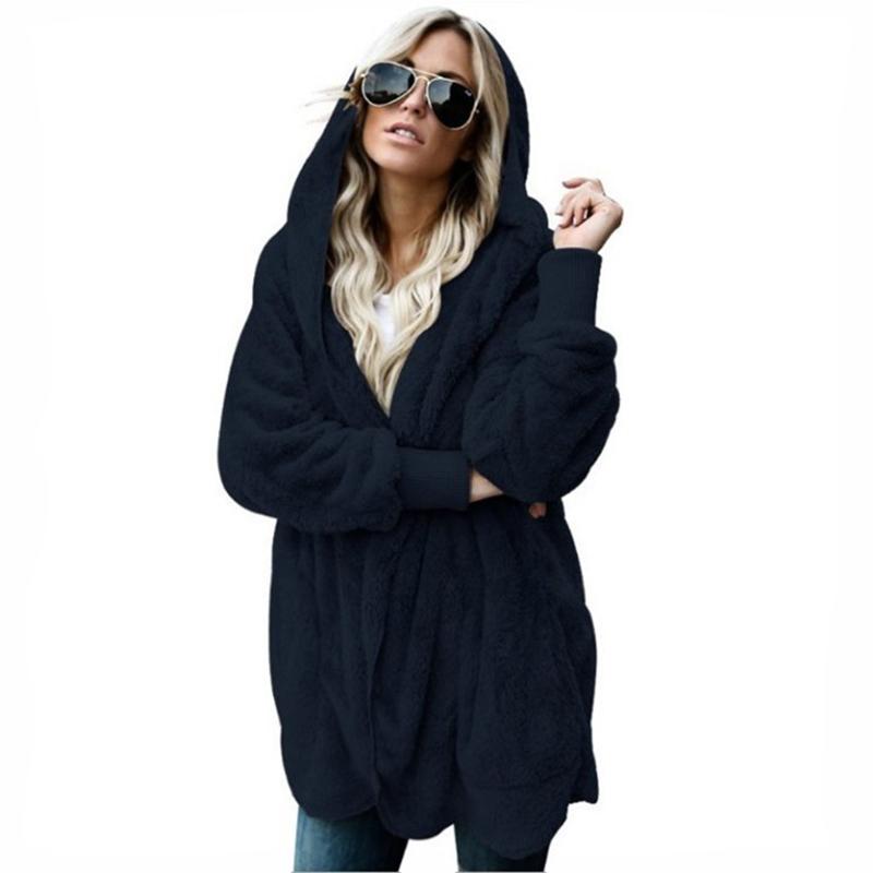 Autumn Winter Double Fleece Cardigan Jacket Women Solid Color Long Sleeve Plush Warm Hooded Lady Jacket Oversized Outerwear