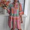 2026 European Fashion Stand Collar Print Bodycon Midi Dress with Three-Quarter Sleeves