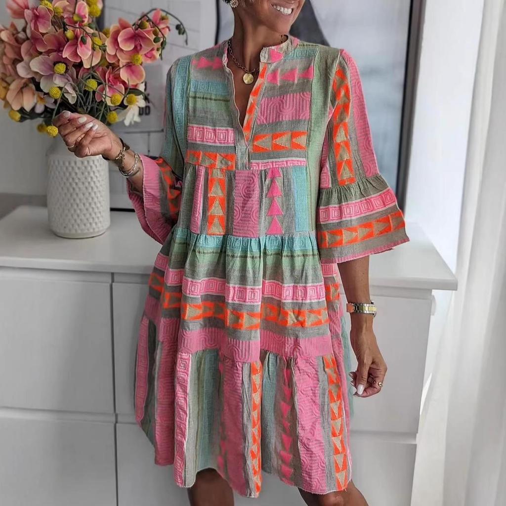 2026 European Fashion Stand Collar Print Bodycon Midi Dress with Three-Quarter Sleeves