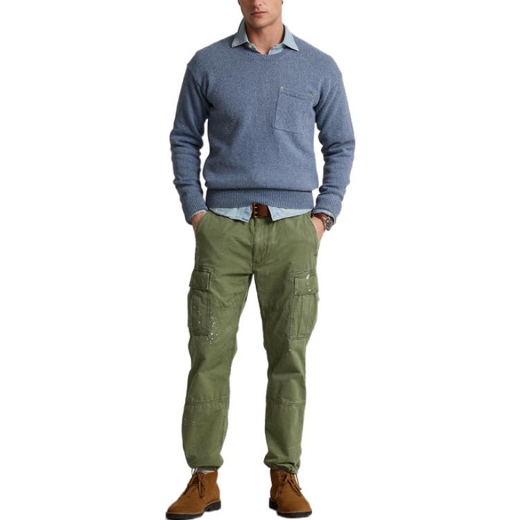 Polo Ralph Lauren SS22 Solid Color Pocket Design Round Neck Pullover Long Sleeve Knit Sweater Men sweater Fog-Blue MNPOSWE16821035-400