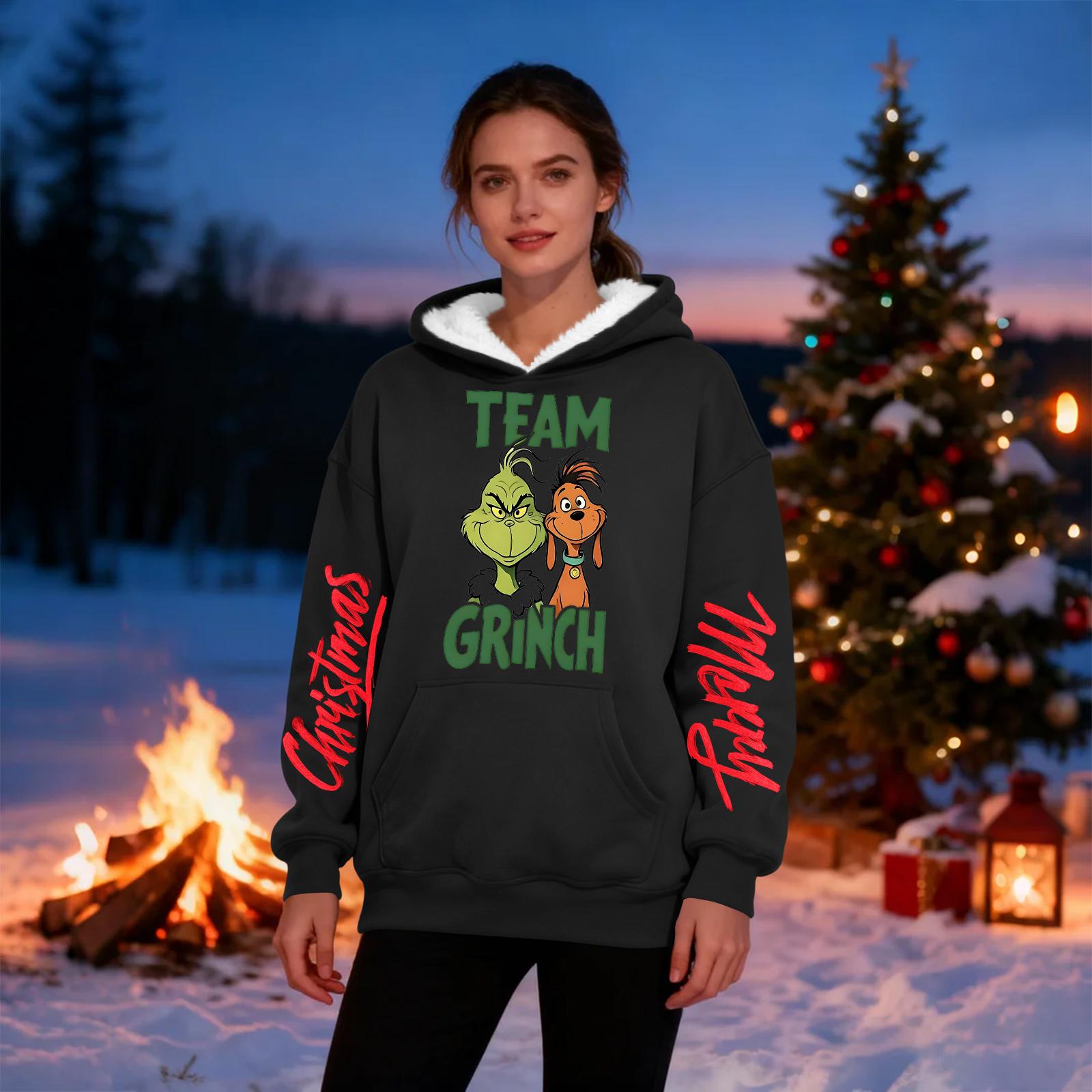 Women s Casual Fashion Plus Velvet Thickened Christmas Print Hooded Sweatshirt XXL