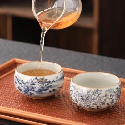 1 Stück beige Ru Kiln Meistertasse Einzelbecher Keramik Haushalt Kung Fu Teetasse Retro Blau-Weiß Tasse Meistertasse Teeset