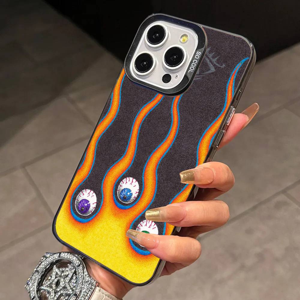 Big Eyes Trendy Print Lines Phone Case For iPhone 17,16,15,14,13,12,11 Plus,Pro Max,XS,Colored Silver Plated Inside Cover