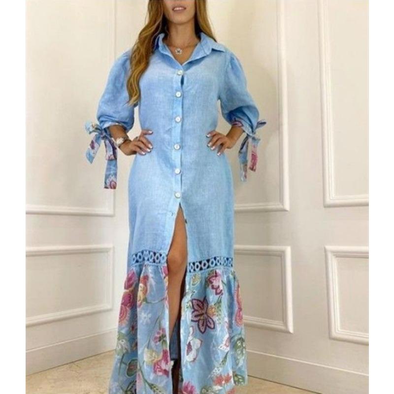 Sieben Zehntel Damen Patchwork Spitze Hemdärmel Kleid Lang