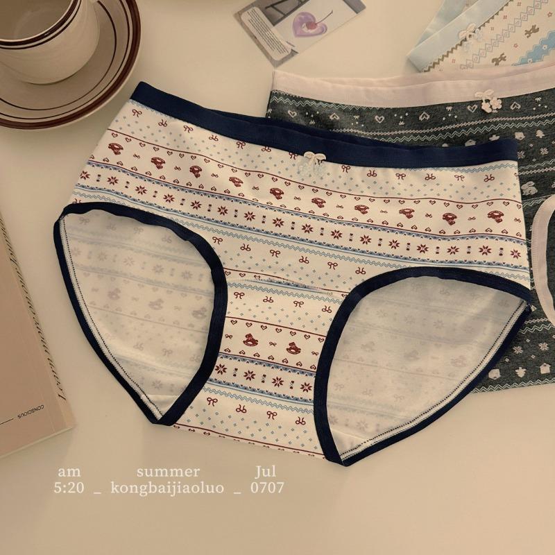 Female Summer Printed Cotton Extended Crotch No Trace Breathable Middle Waist Triangle Briefs