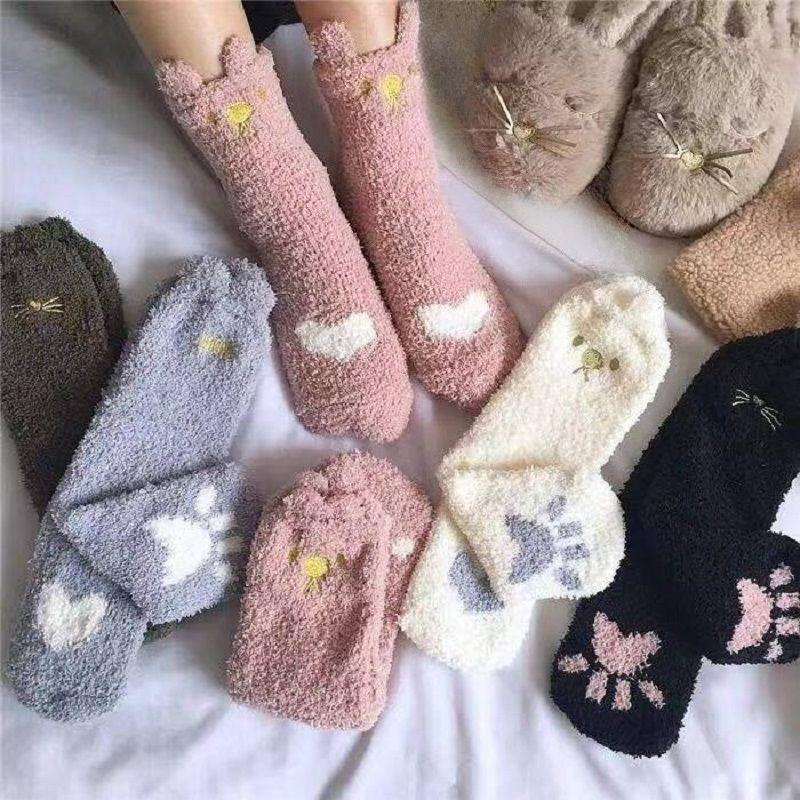 Women's Coral Fleece Winter Cat Claw Home Plush Socks Sleep Socks Floor Socks
