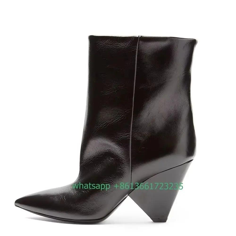 Fashion Black PU Mid Boots Spike Heels Pointed Toe Women Boots Slip On Loose Short Boots 2025 Spring Autumn Fashion Women Shoes Boots