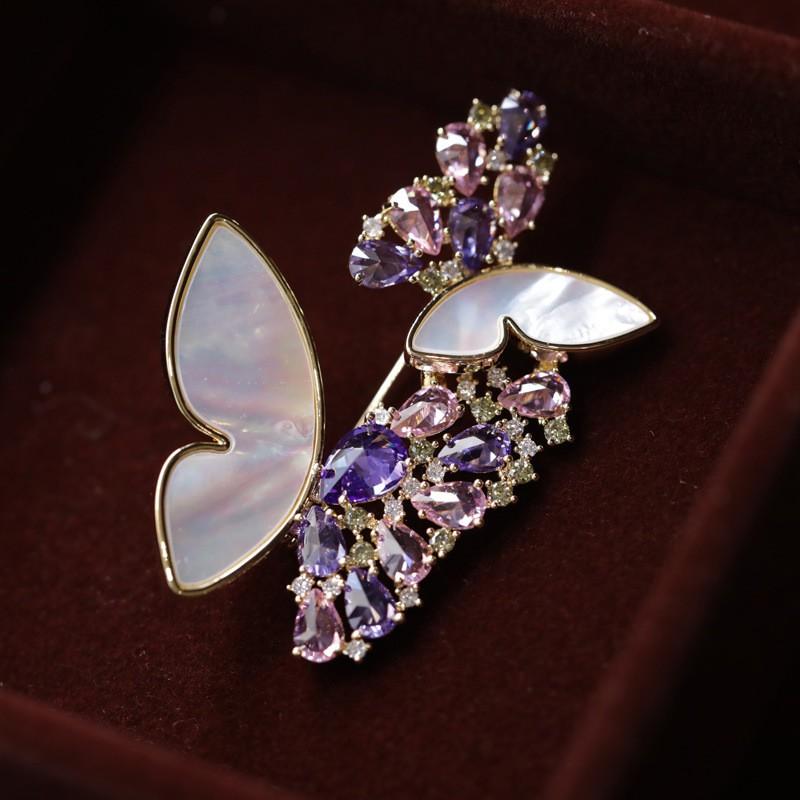 Elegant Butterfly Brooch With Natural Shell Pink Purple Zircon Fashionable Insect Pin Womens Blouse Jacket Accessory X5152-1-286 Shell Pink-Purple Zircon Insect Brooch