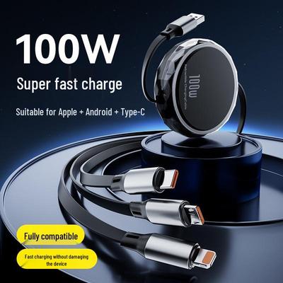 Crystal Diamond 100W Fast Charging Retractable 3-in-1 Cable for Apple, Huawei, Android