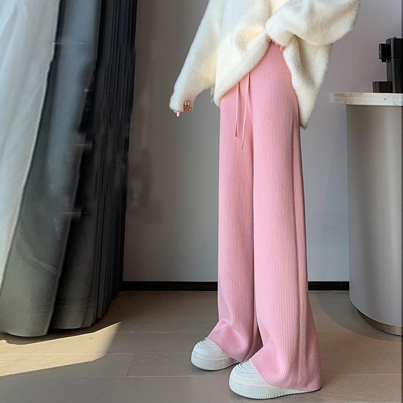 

Вязаные широкие брюки, женские брюки с завышенной талией, зимние свободные повседневные брюки прямого кроя, драпирующиеся и тянущиеся в пол брюки. One Size розовый