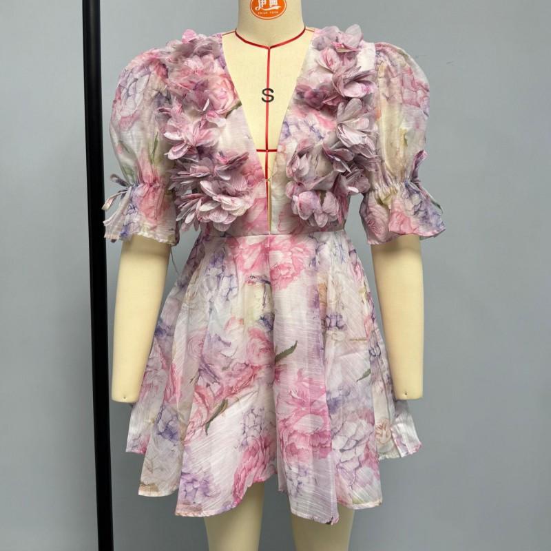Womens Floral Chiffon A-Line Mini Dress With U-Neck High Waist Sleeveless Streetwear