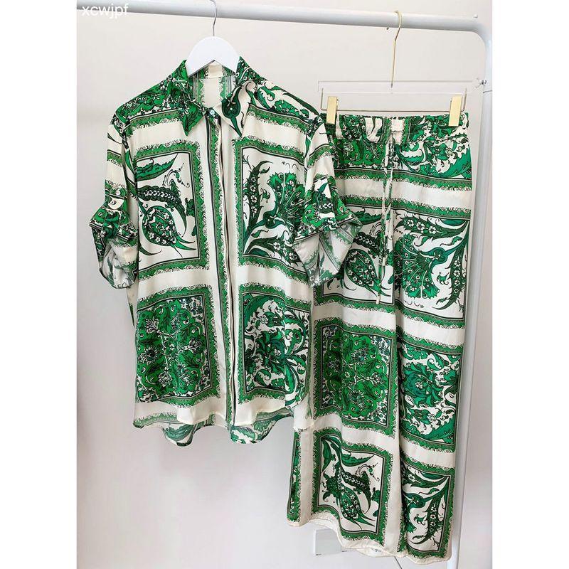 Summer and Autumn Beautiful Summer New Arrival Women's Clothing Fashion Style Lapel Long Sleeves Button Shirt Positioning Printed Pants Suit