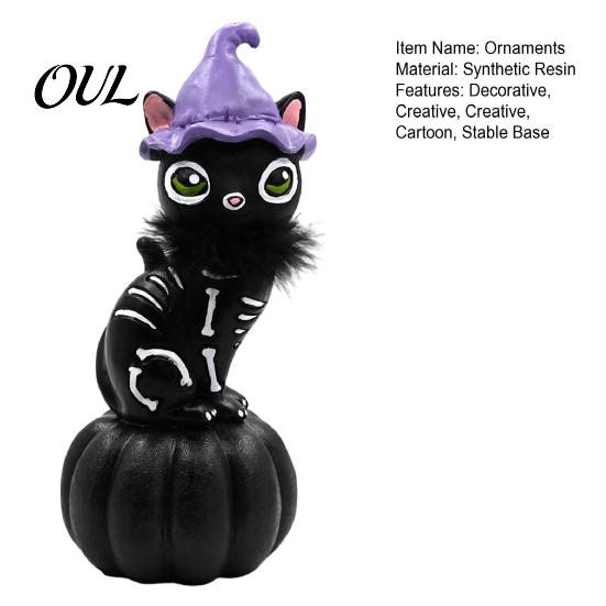 Creative Halloween Home Accents Pumpkin Witch Hat Black Cat Ornament, Resin Desktop Skeleton Small Collectible Ornaments Statue, Cartoon Figurine for
