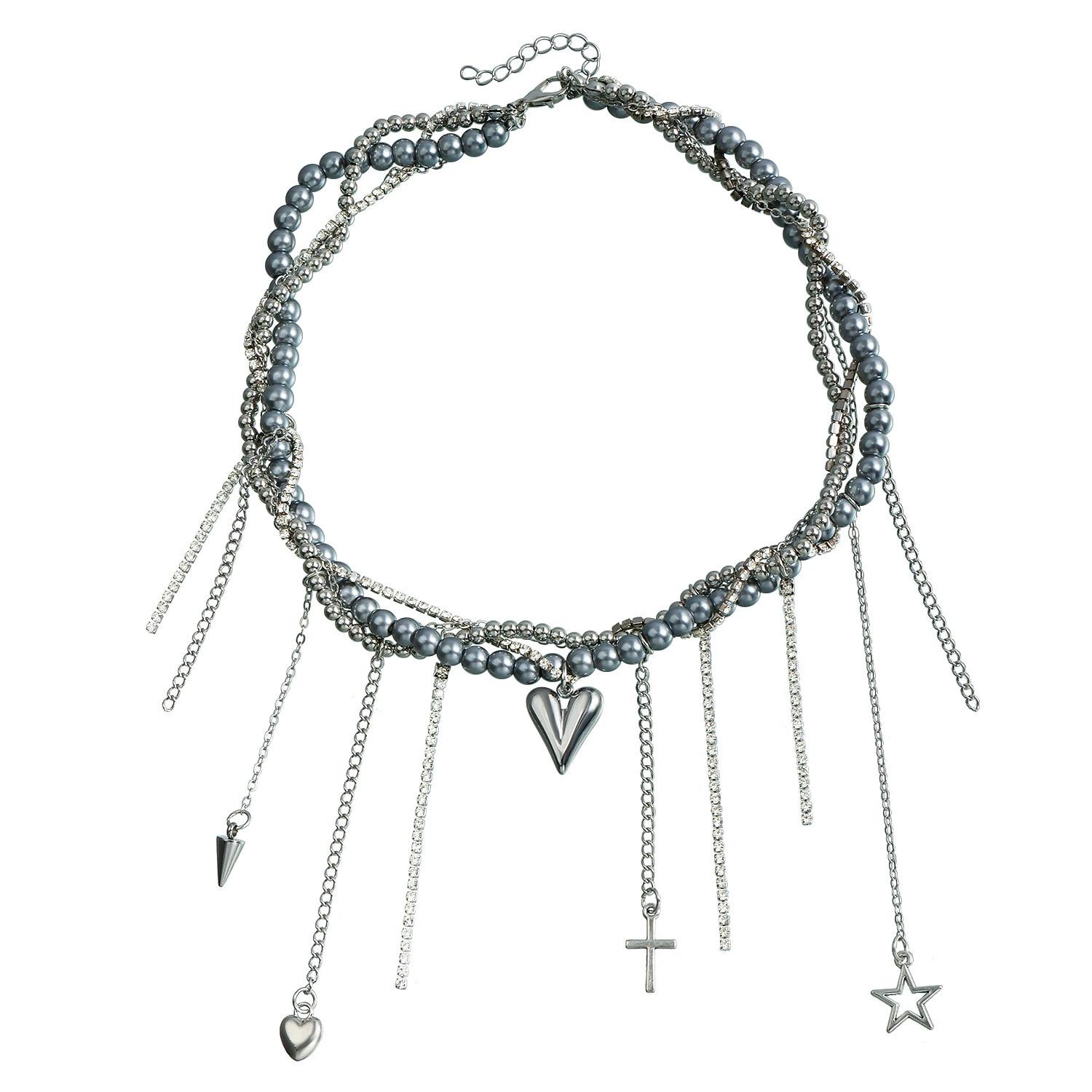 Rz-547 European and American Cross-Border Jewelry INS Sweet Cool Style Heart Crystal Tassel Cross Collarbone Chain Y2K Trendy 1
