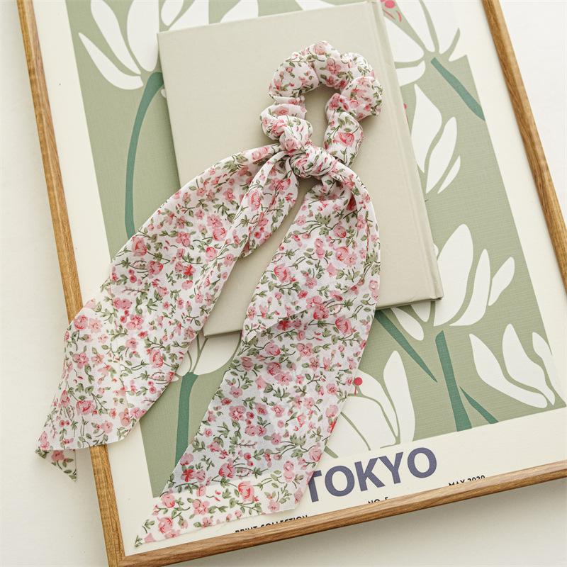 Chip Flower Grid Print Bow Hair Scarf Hair Scrunchies Chiffon Floral Scrunchie Hair Bands Ponytail Holder Scrunchy Ties 34cm 1Pc