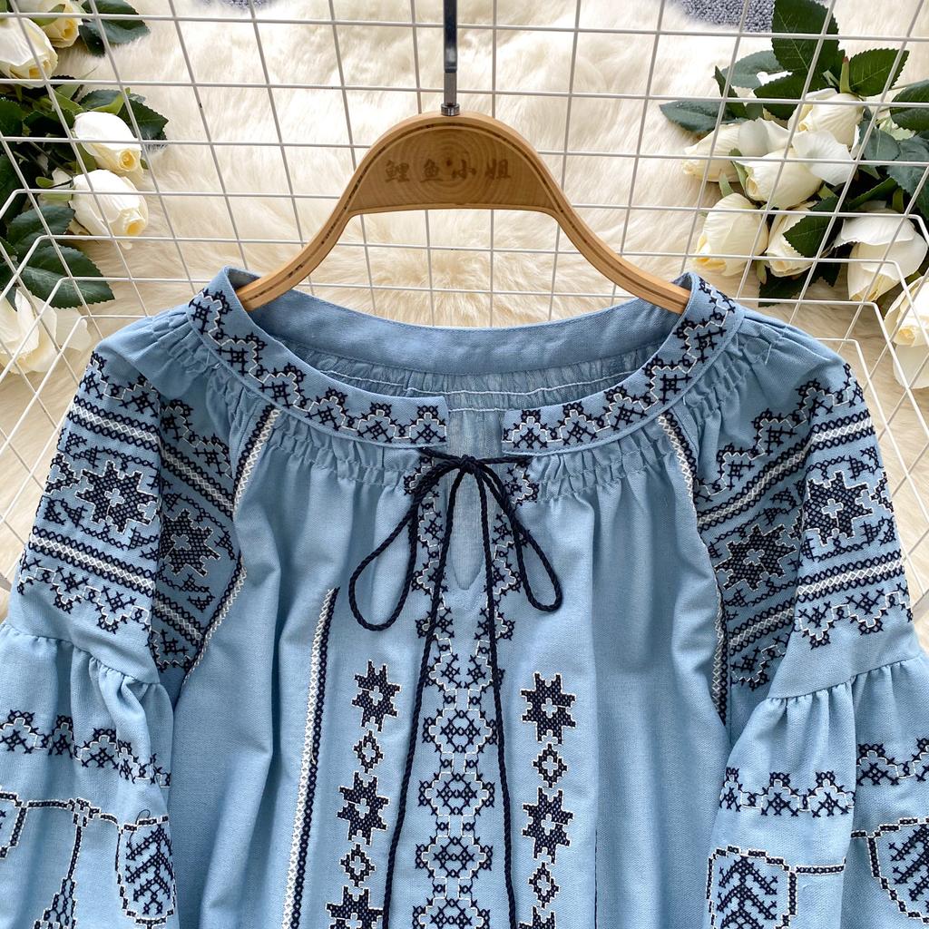 Y2k Goth Spice Girl Langarm T-Shirt Damen O-Ausschnitt Schnürung Laternenärmel Besticktes Shirt Weiblich Sommer Slim Tops