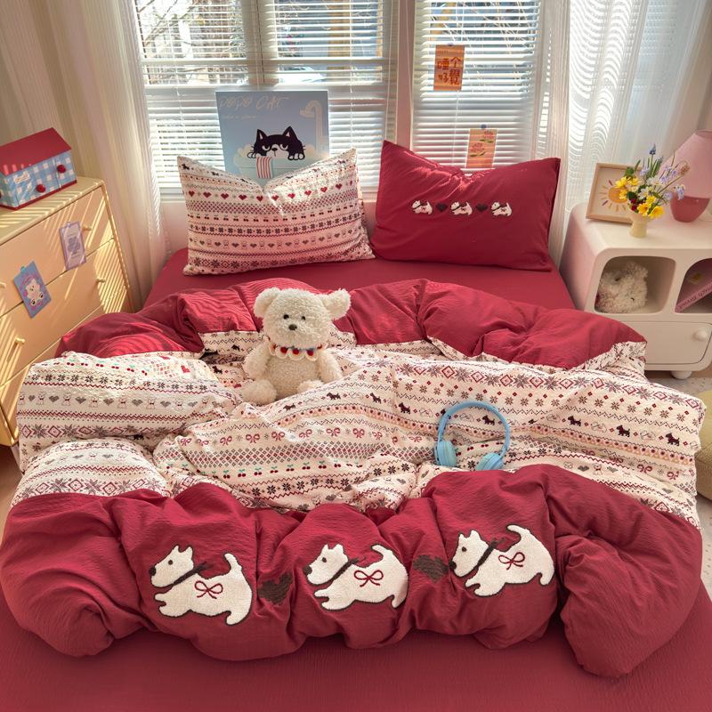 A-Class Mother & Baby 4-Piece Super Soft Puff Cotton Bedding Set: Duvet Cover & Fitted Sheet for Dorms