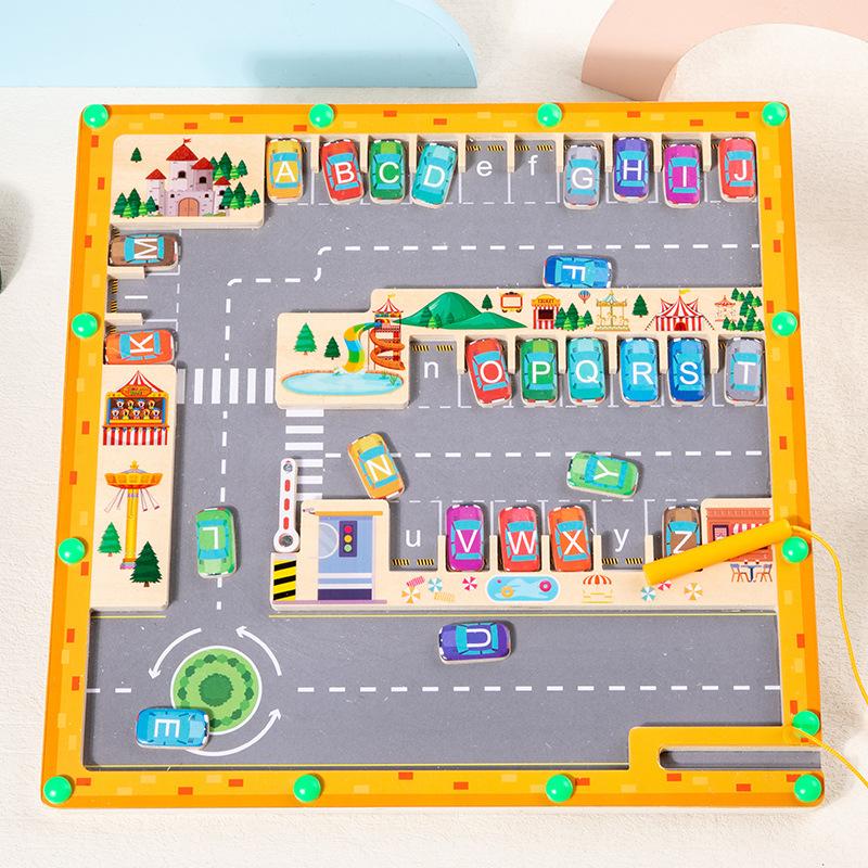 Wooden Children's Magnetic Letter Pairing Position Teaching Aids Children's Early Education Puzzle Magnetic Pen Maze Toy