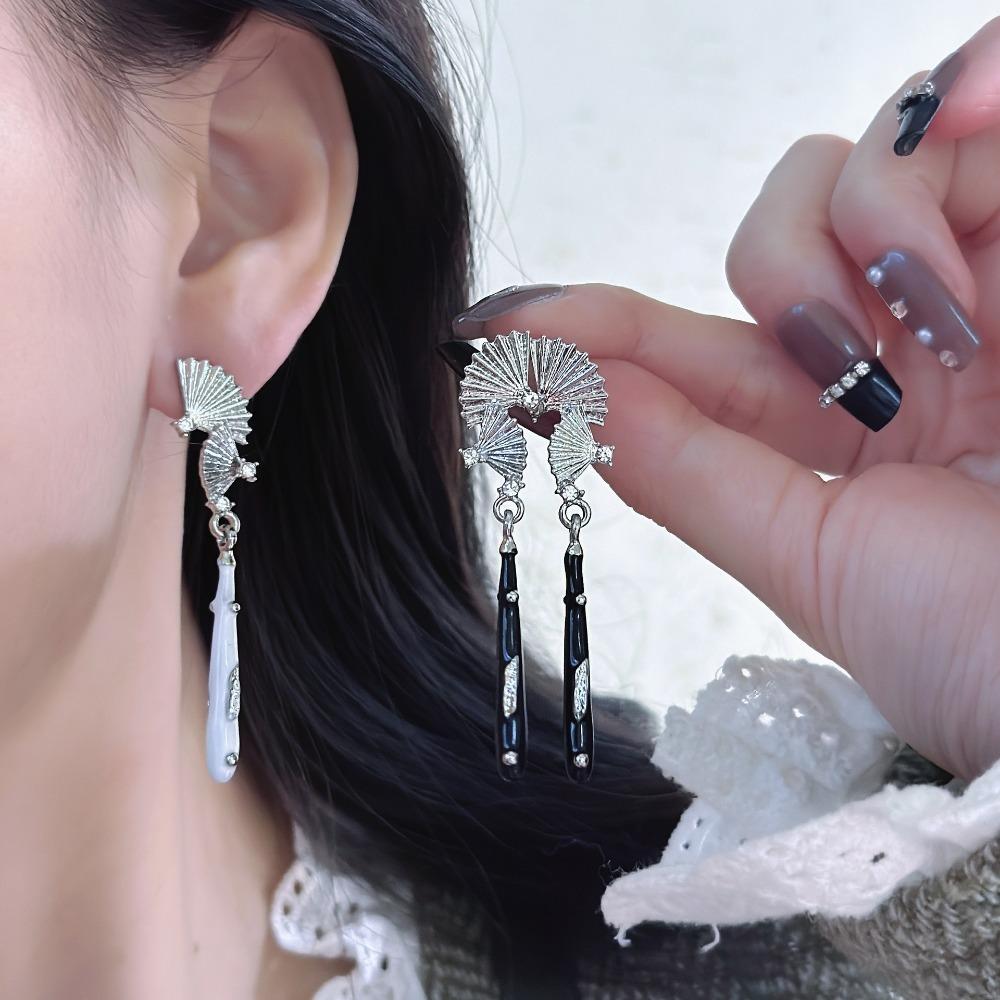 Retro Chinese Style Inlay Zircon Sliver Color Fan Black Water Droplet Long Tassel Dangle Earrings for Women Temperament Jewelry
