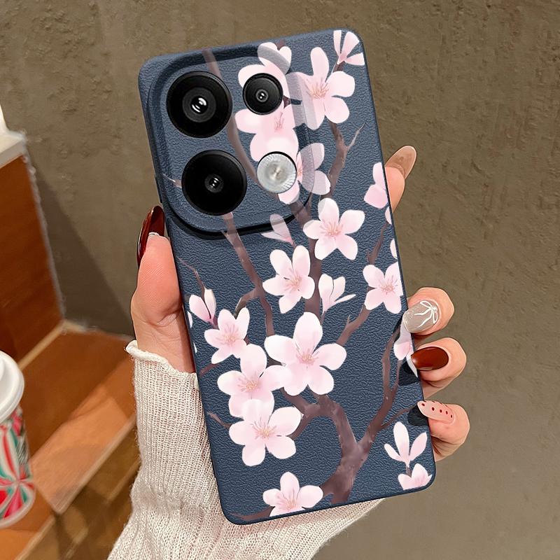 Hand-drawn Style Sakura Pattern Case For Xiaomi 14T 13T 11T Pro Funda Redmi Note 14 13 Pro 5G 12 11 Leather Texture Silicone Cover