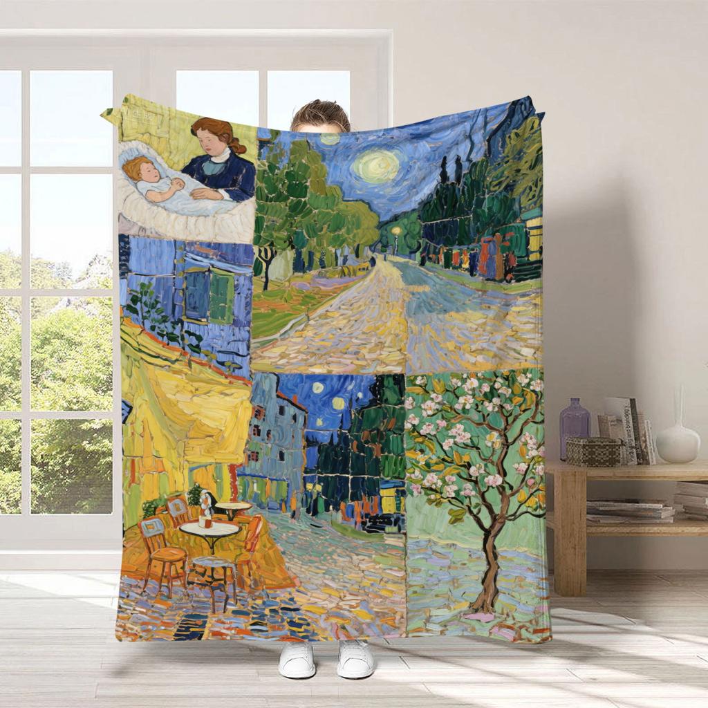 Van Gogh's Checkered Theme polyester Bedroom velvet flannel soft sofa cover blanket Fleece soft sofa cover blankets for beds