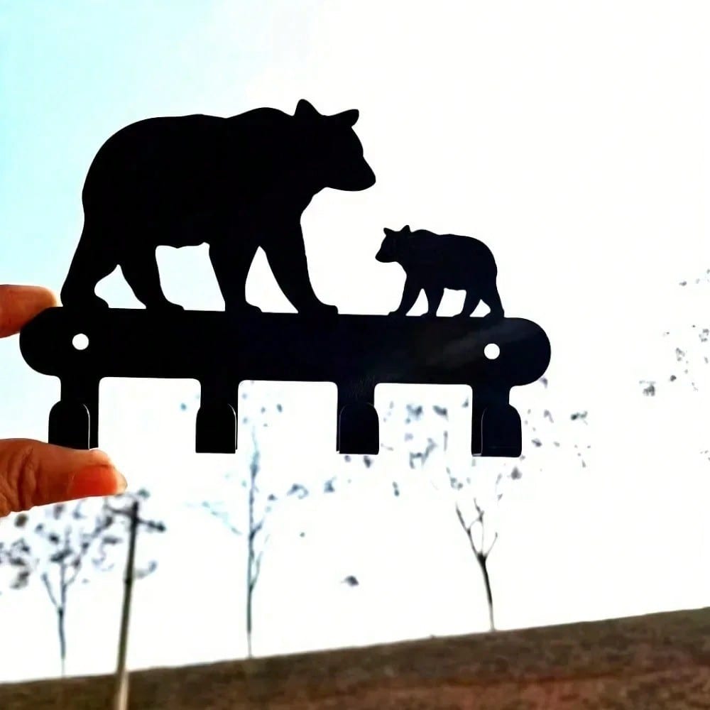 Rustic Metal Bear Key Holder Wall Mount, Entryway Coat & Hat Rack, Farmhouse Garage Organizer Hooks