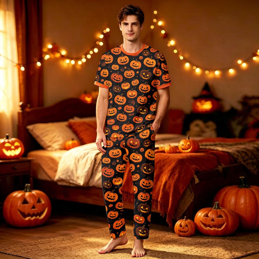 Family Matching Halloween Pajama Set with Short Sleeve Top and Pants for Parents and Kids