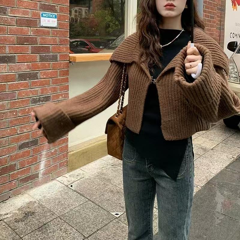 Elegant Knitted Cardigan Women Short Sweater Jacket Spring and Autumn Long Sleeve Casual Korean Fashion Lapel Coats Solid Simple Office Clothes