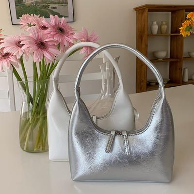Sac Argenté Texturé à Porter Sous le Bras, Sac d'Été Texturé de Niche à Épaule Unique, Sac à Main