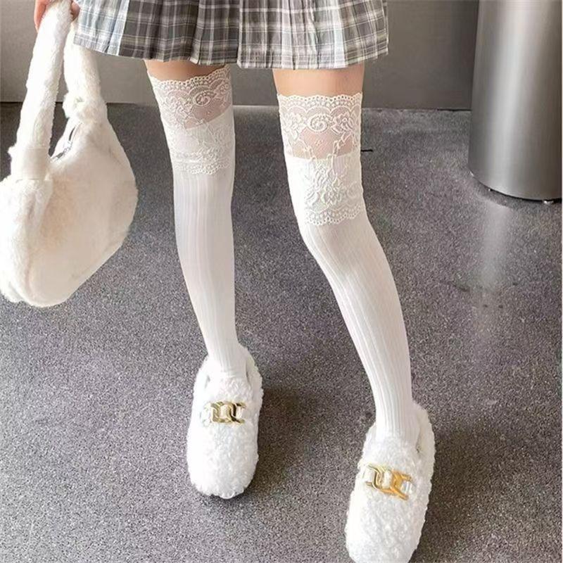 Lace Patchwork Knee-high Thigh-high Socks for Women in Autumn and Winter, Vertical Stripes for Slimming, Pure and Elegant Thigh Socks, Sweet Socks