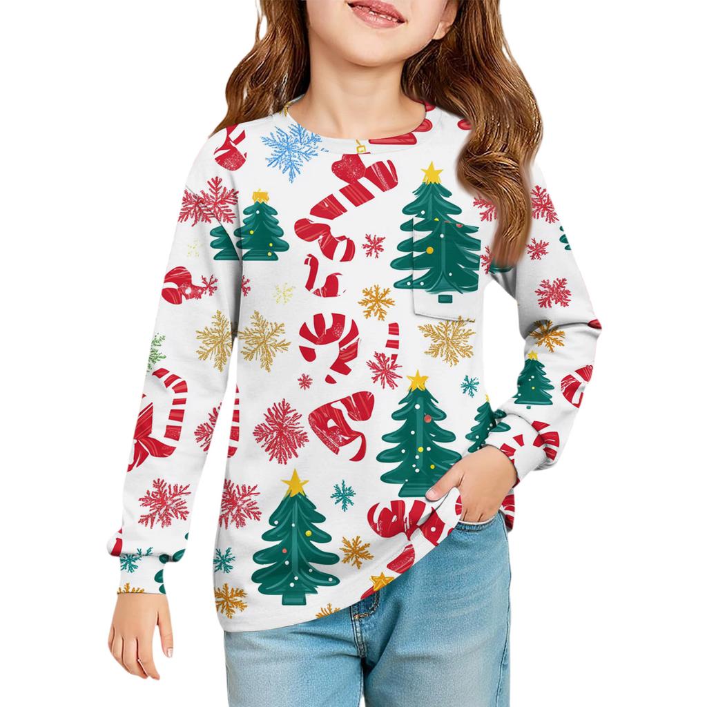 Christmas Day Girls' Long Sleeve Blouse - Round Neck Soft Waist Tunic