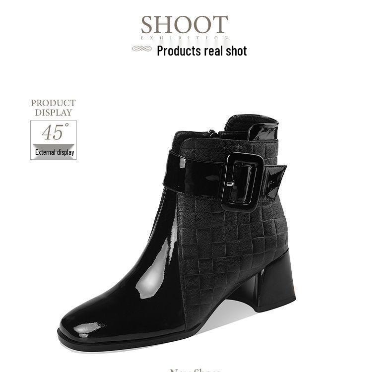 Women's 2025 Autumn/Winter British Style Fleece-Lined Square Toe Chunky High Heel Ankle Boots