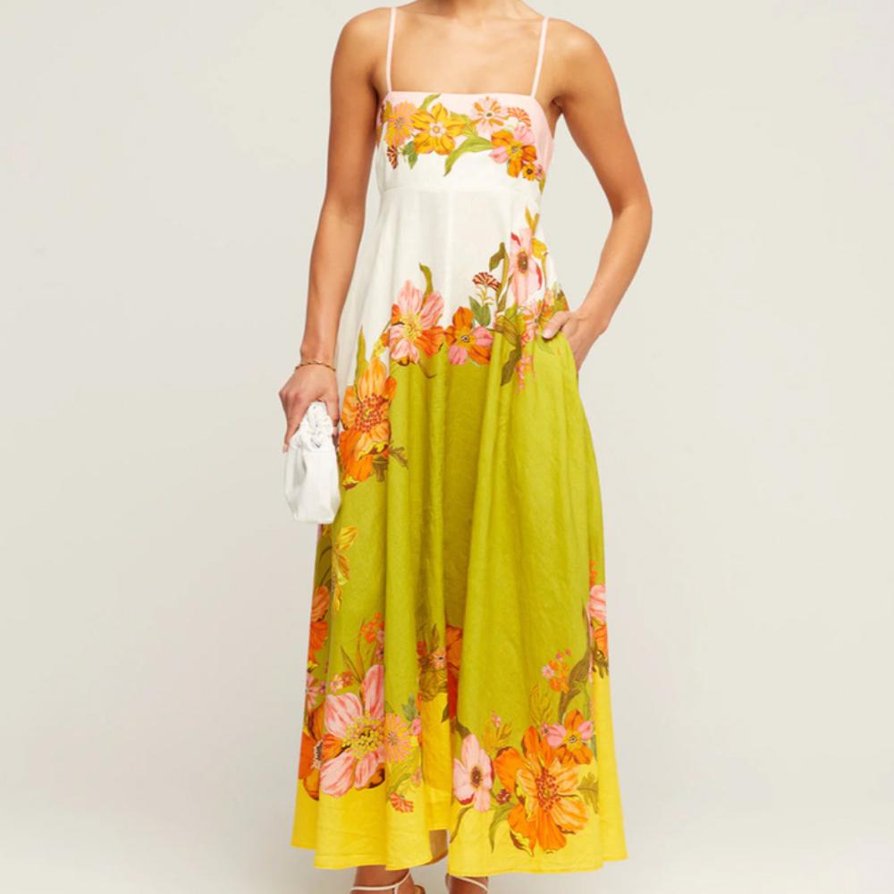 Women's Summer Casual Boho Long Sundress Strap Square Neck Sleeveless Maxi Dresses Flower Printed A Line Beach Dress for Women