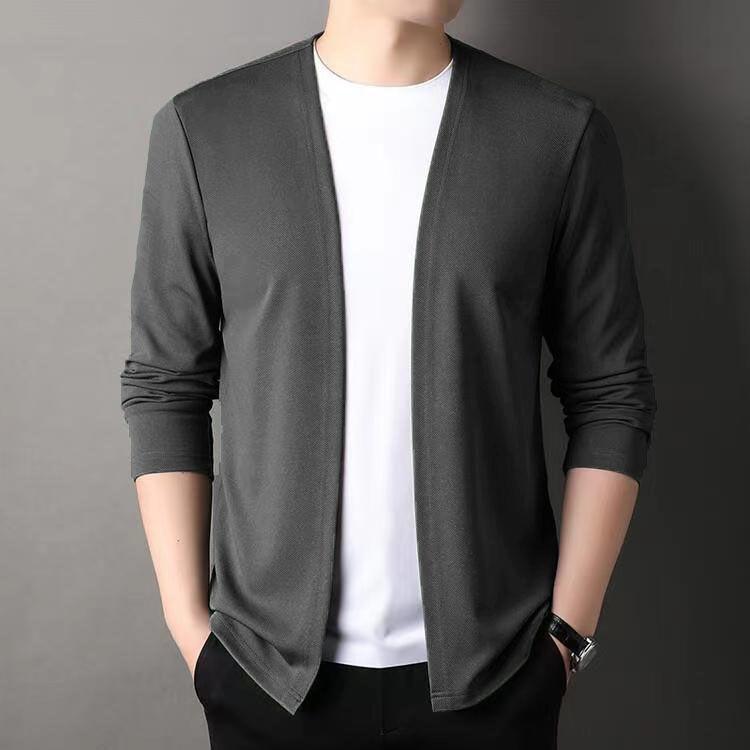Slim Fit Cardigan for Men, Thin Spring and Autumn Outerwear, Long Sleeve Casual Trendy Versatile Pure Color Slim Fit Autumn