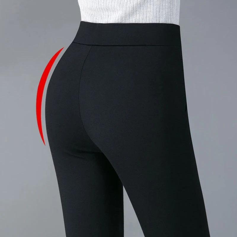 Calças casuais grandes de perna reta para mulheres, calças compridas, calças elásticas de cintura alta para mães, calças femininas de 9 pontos, pretas