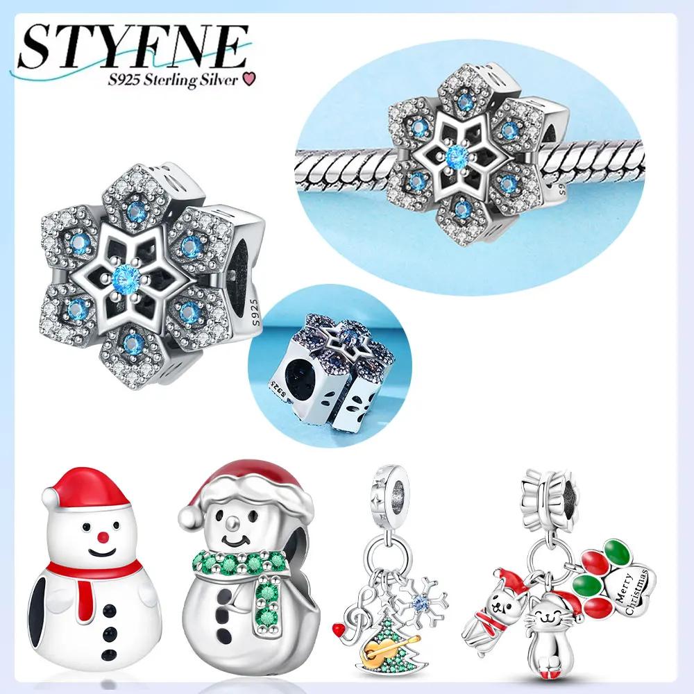 Copper Blue Snowflake Snowman Cat Charm Pendant Beads Fit Original Bracelet For Women Valentine Day Jewelry Gifts