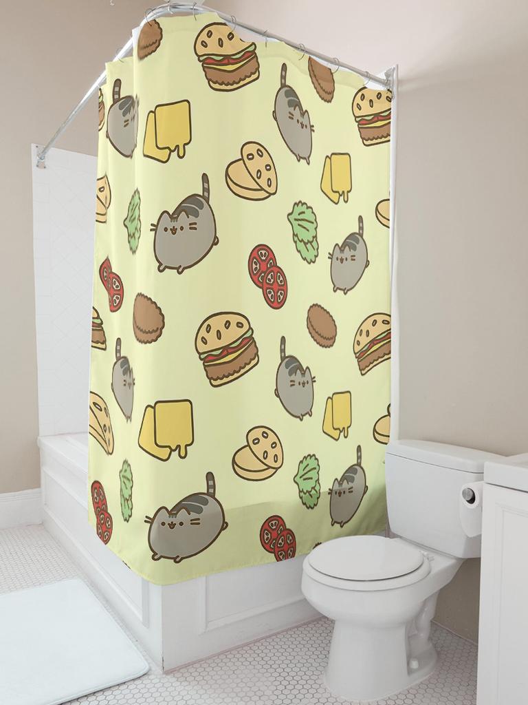 Adorable  Cat Burger Shower Curtain Waterproof Decor Kids Adults Easy Clean Home Travel Suitable for Wet and Dry Separation