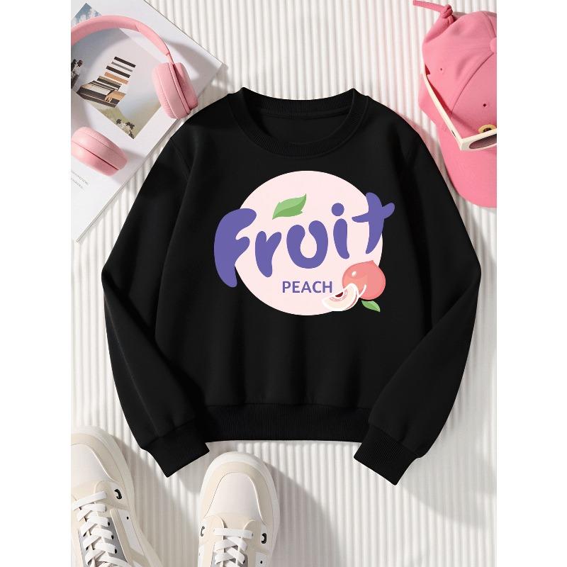 Girls' Round Neck Sweatshirt, Girls' Casual Sweatshirt Printed Round Neck Pullover, Fruit Peach Design Pattern