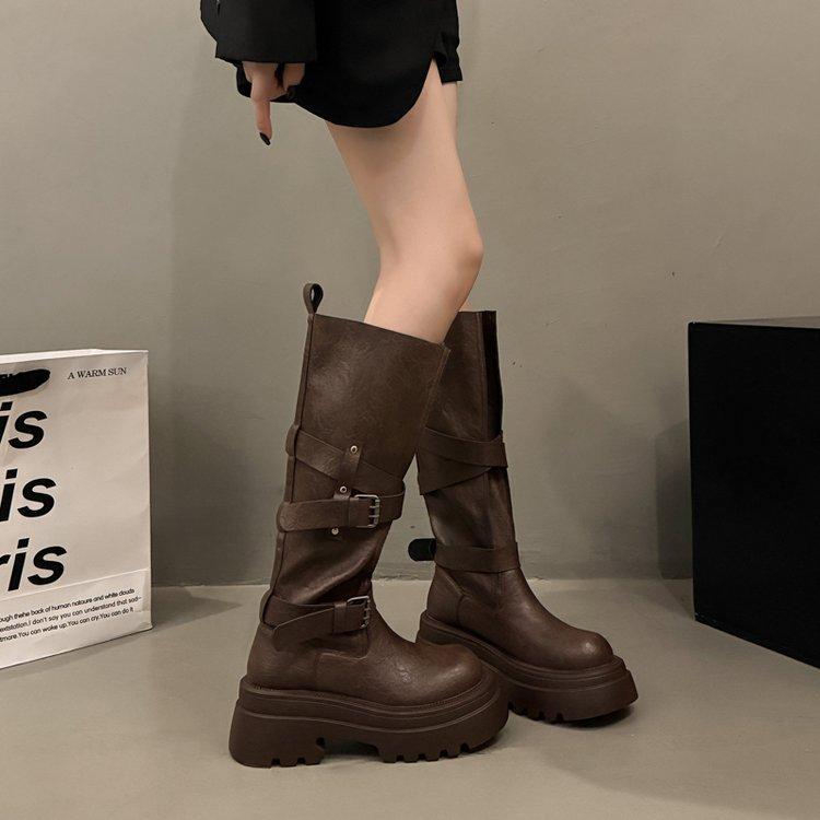 Maillard brune støvletter, lange støvletter, damesko med tykke legger, små tykksålede høye ridestøvler, to måter å bruke, western cowboy-støvler