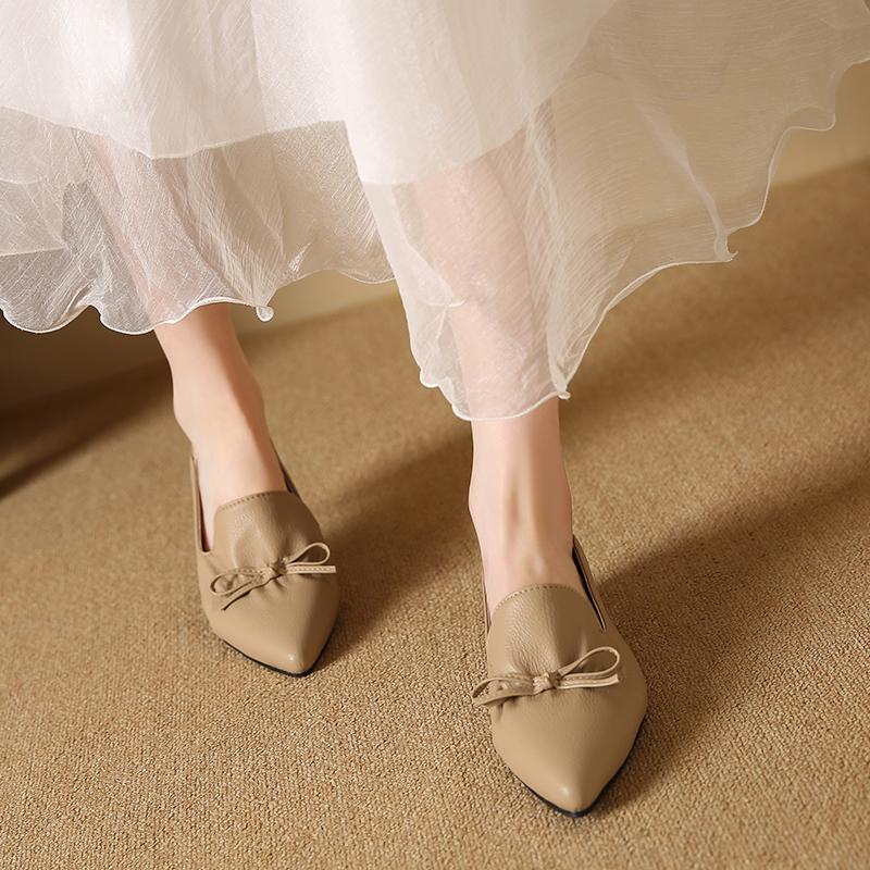 Móda Nové Jaro Pravá Kůže Dámské Boty Francouzské Retro Špičatá Špička Dámské Lodičky Mašle Mokasíny Boty pro Ženy Nízký Podpatek Dámské Boty