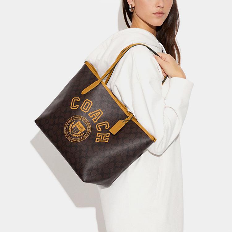 New COACH City Artificial Leather Tote Bag Shopping Bag Shoulder Bag Handbag Large Size Women's Brown And Yellow CB869-QBUOD