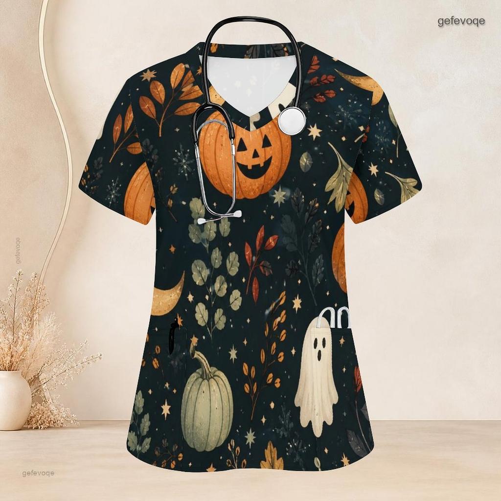 Women Plus Size V Neck Short Sleeve Halloween Ghost Pumpkin Printed Nurse Scrub Top With Front Pockets