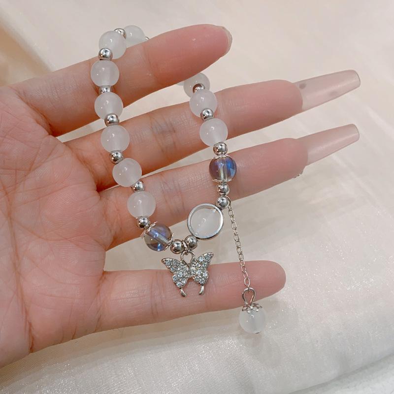 Women's Cat's Eye Crystal Butterfly Bracelet with Imitation Moonstone - Elegant Chinese-Inspired Design