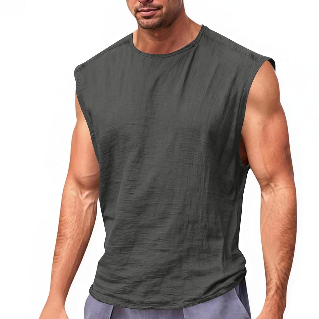 Men's Sleeveless Summer Fitness Running Outdoor Casual Sports Top Cotton-Linen Vest